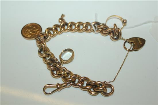 9ct gold hollow curb-link bracelet with padlock clasp, hung 1912 half sovereign, enclosed locket, amethyst ring etc